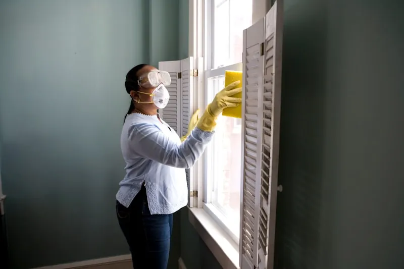 Technician in a mask and gloves cleaning and disinfecting surfaces