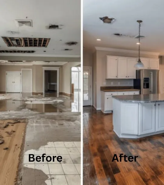 Kitchen before and after water damage restoration, showing a flooded floor and the restored room