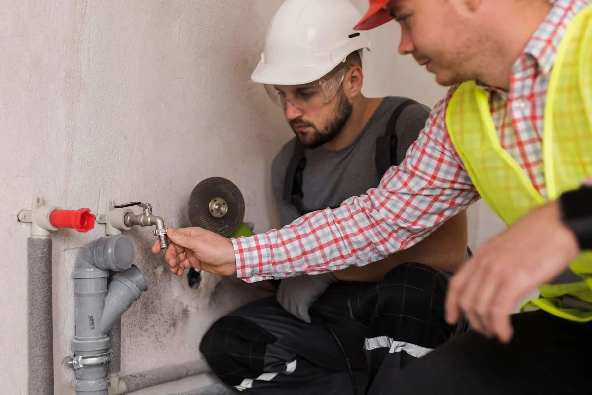 Technicians assessing a water leak at a pipe connection